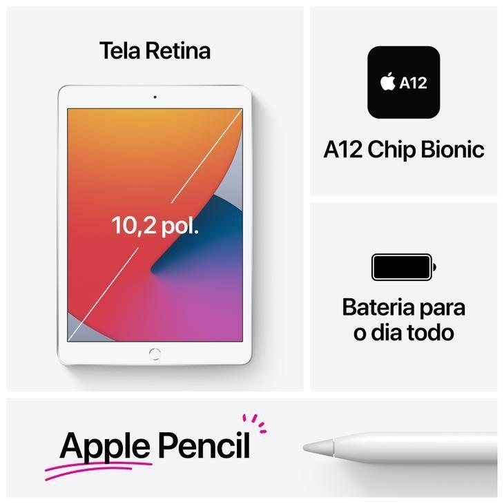 iPad 8 Apple, Tela Retina 10.2”, 32GB, Prata, Wi-Fi - MYLA2BZ/A